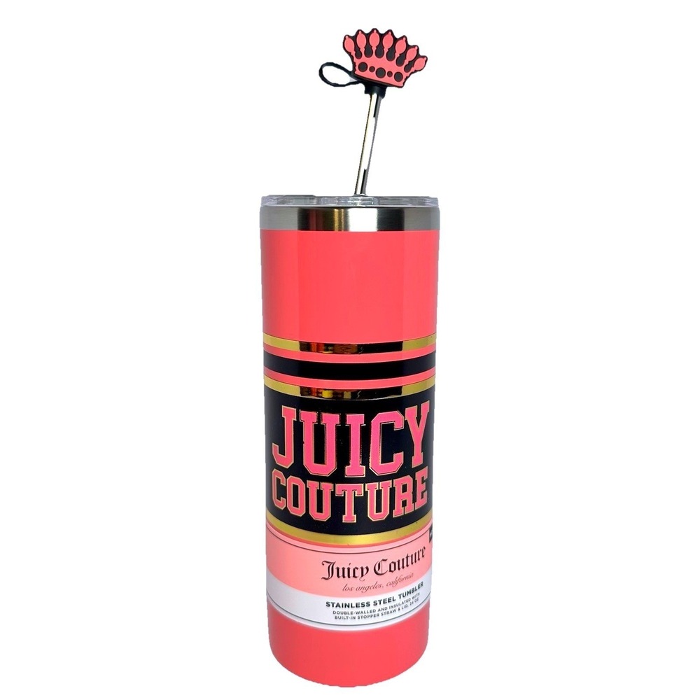 Juicy Couture Pink Black Gold Varsity Logo Stainless Steel Tumbler 24 Oz